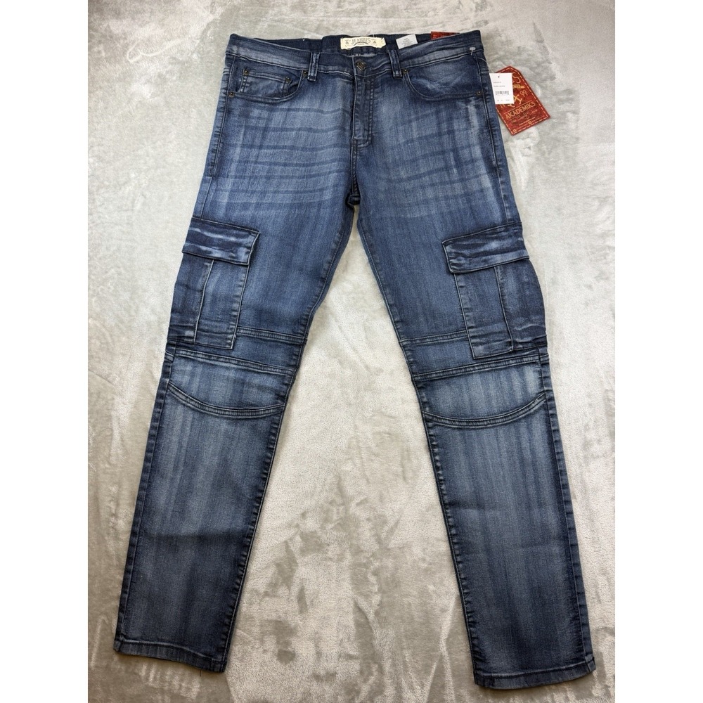 Jeanius Akademiks Jeans Men's Size 36x32 Cotton Spandex‎ Cargo Pockets NWT Dark